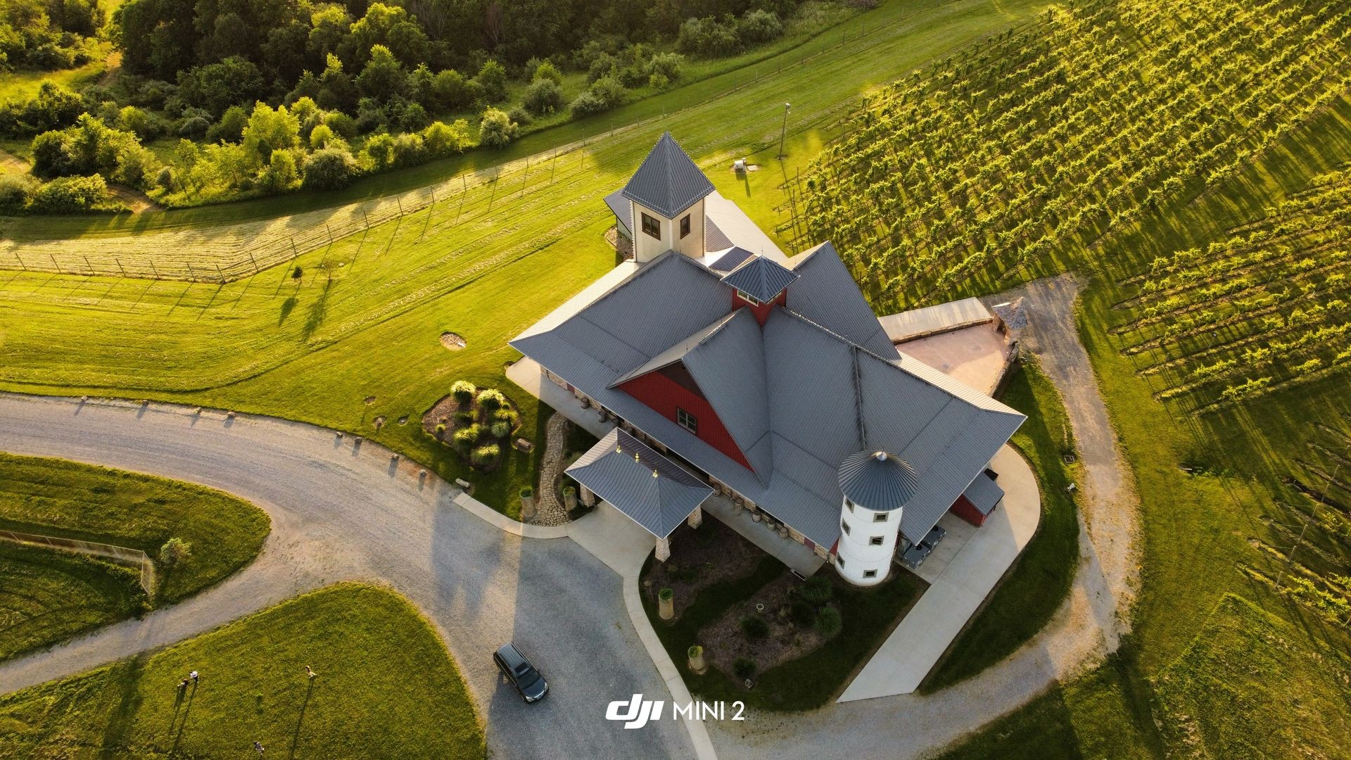 Aerial view of a modern building with pointed roofs surrounded by vineyards and green fields.